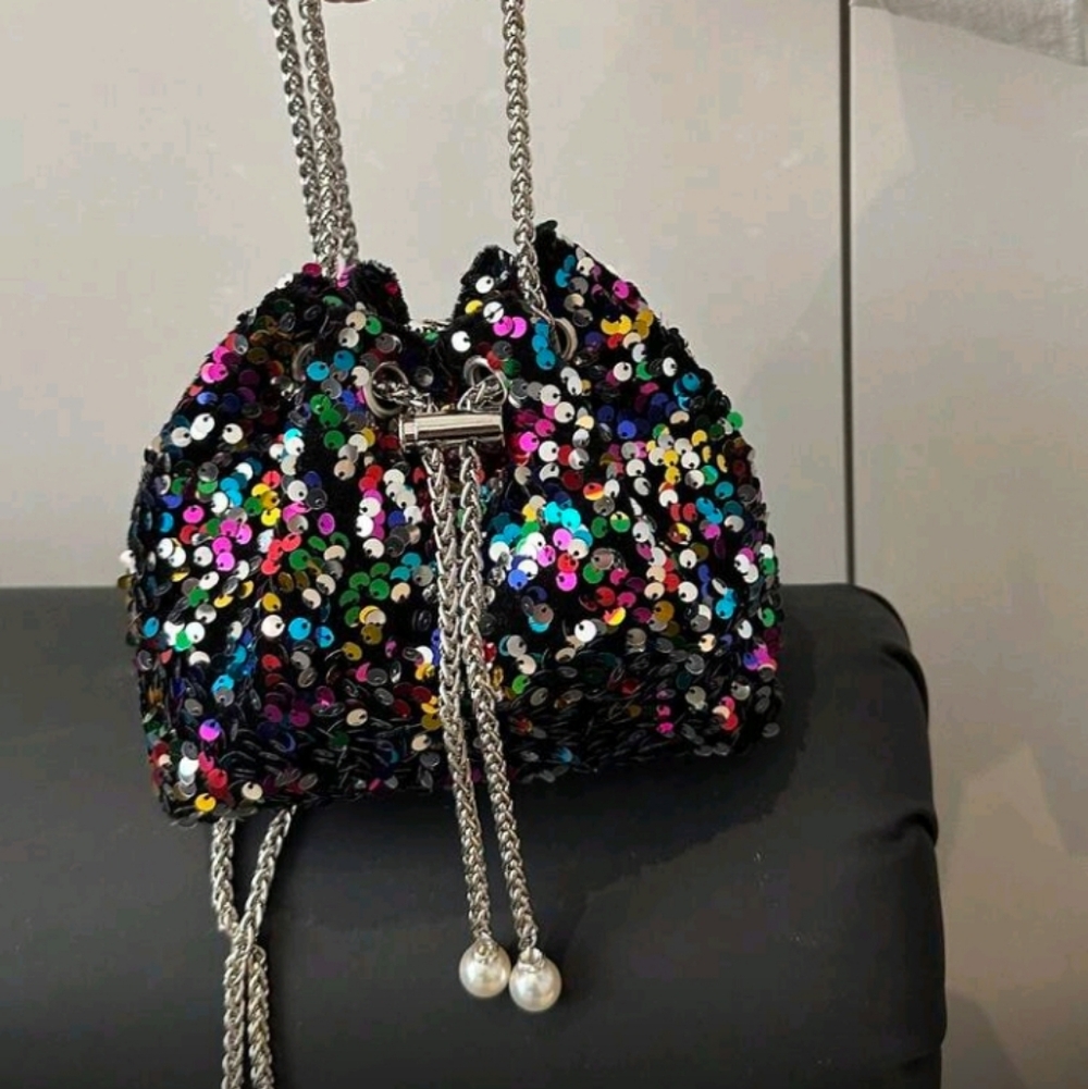 Sequin Drawstring Multicolor Bucket Bag With Chai… - image 1